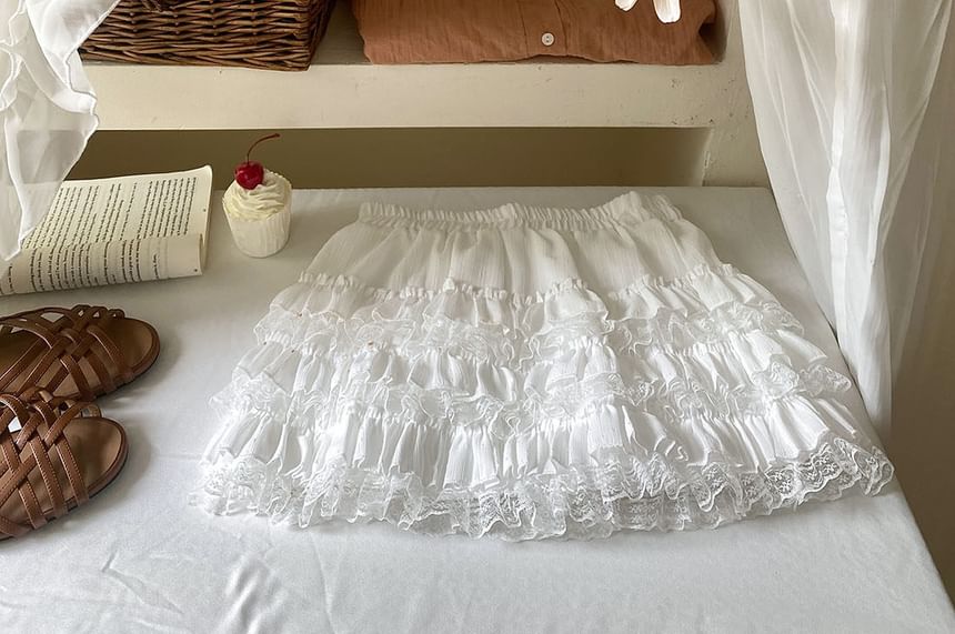 Mid Rise Plain Mini Lace Trim Tiered Skirt
