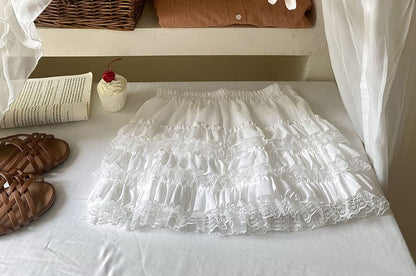 Mid Rise Plain Mini Lace Trim Tiered Skirt