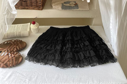 Mid Rise Plain Mini Lace Trim Tiered Skirt