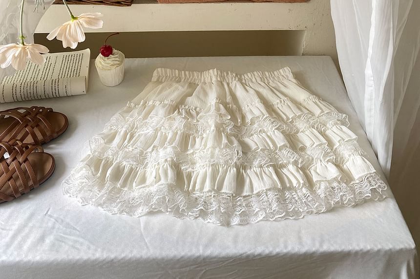 Mid Rise Plain Mini Lace Trim Tiered Skirt