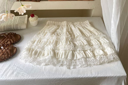 Mid Rise Plain Mini Lace Trim Tiered Skirt
