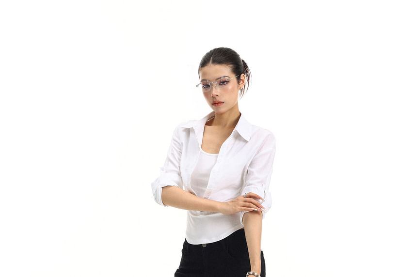 Long-Sleeve Collared Plain Half Button Shirt