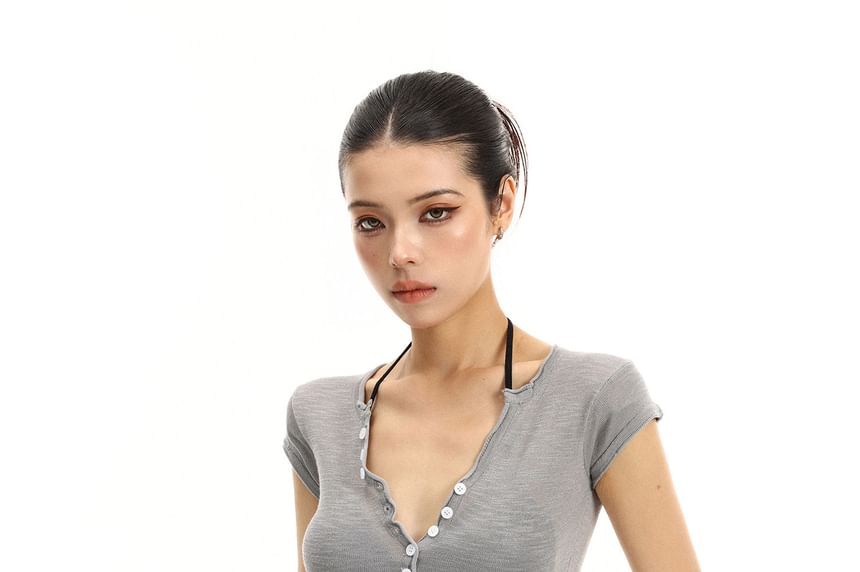 Cap-Sleeve V-Neck Plain Henley T-Shirt