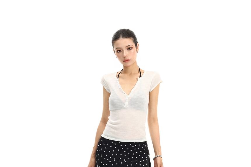 Cap-Sleeve V-Neck Plain Henley T-Shirt