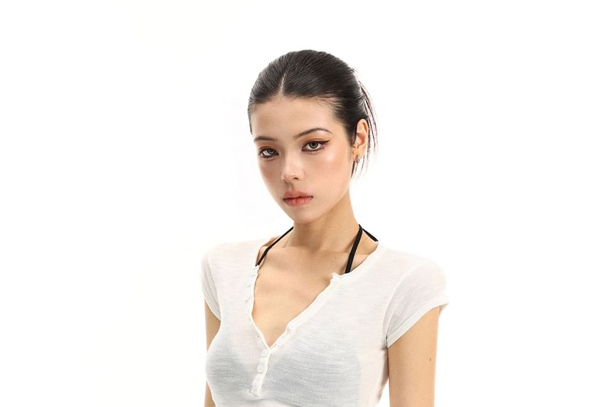 Cap-Sleeve V-Neck Plain Henley T-Shirt