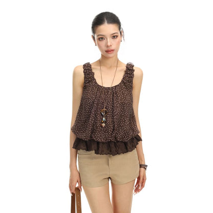 Sleeveless Scoop Neck Dotted Lace Trim Tank Top
