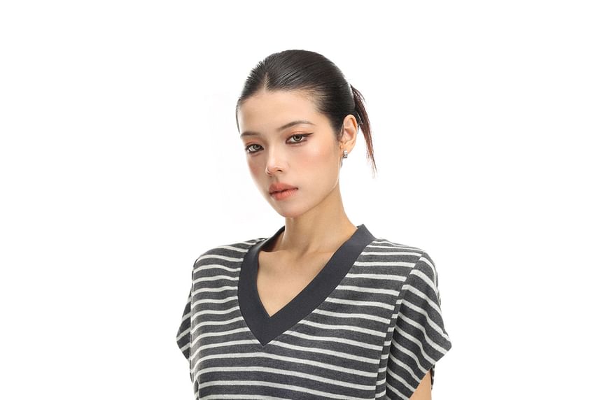Cap-Sleeve V-Neck Striped T-Shirt