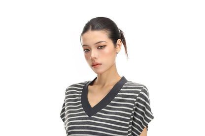 Cap-Sleeve V-Neck Striped T-Shirt