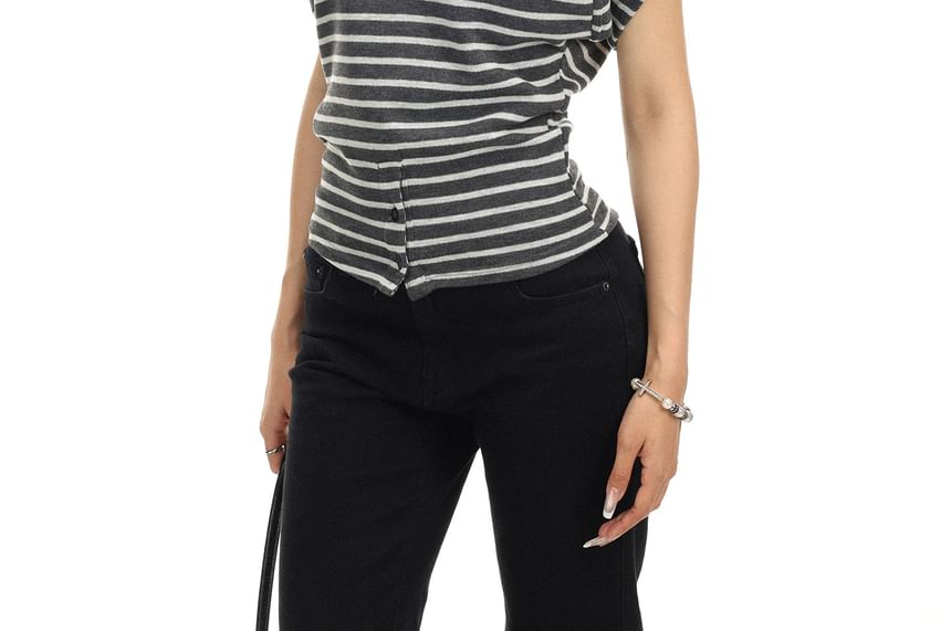 Cap-Sleeve V-Neck Striped T-Shirt