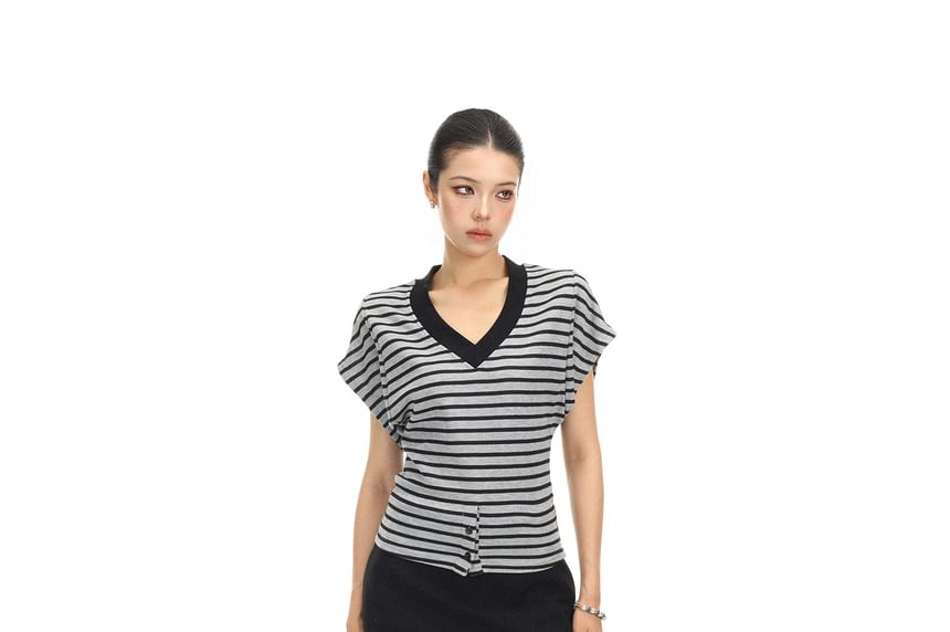Cap-Sleeve V-Neck Striped T-Shirt