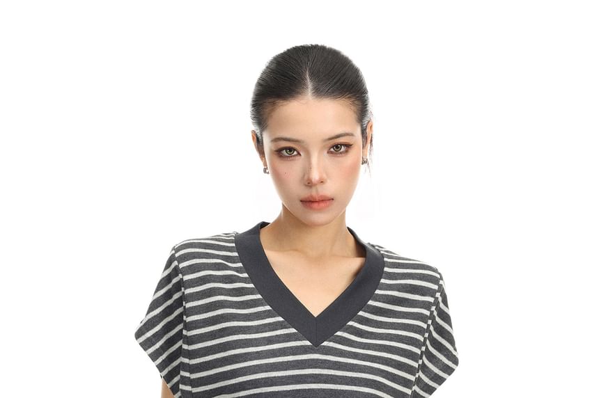 Cap-Sleeve V-Neck Striped T-Shirt