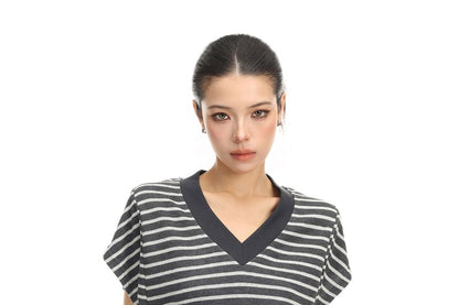 Cap-Sleeve V-Neck Striped T-Shirt