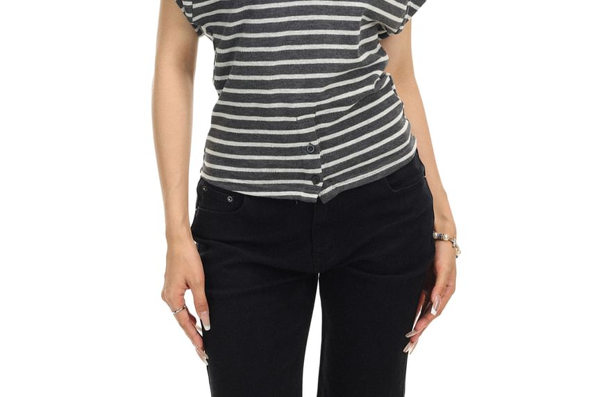 Cap-Sleeve V-Neck Striped T-Shirt