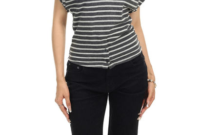 Cap-Sleeve V-Neck Striped T-Shirt
