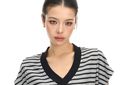 Cap-Sleeve V-Neck Striped T-Shirt