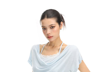 Short-Sleeve Cowl Neck Plain Lace Trim T-Shirt