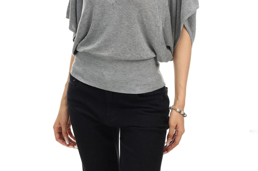 Short-Sleeve V-Neck Plain Knit Top