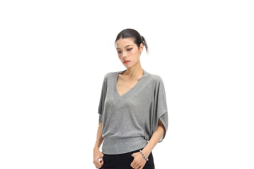 Short-Sleeve V-Neck Plain Knit Top