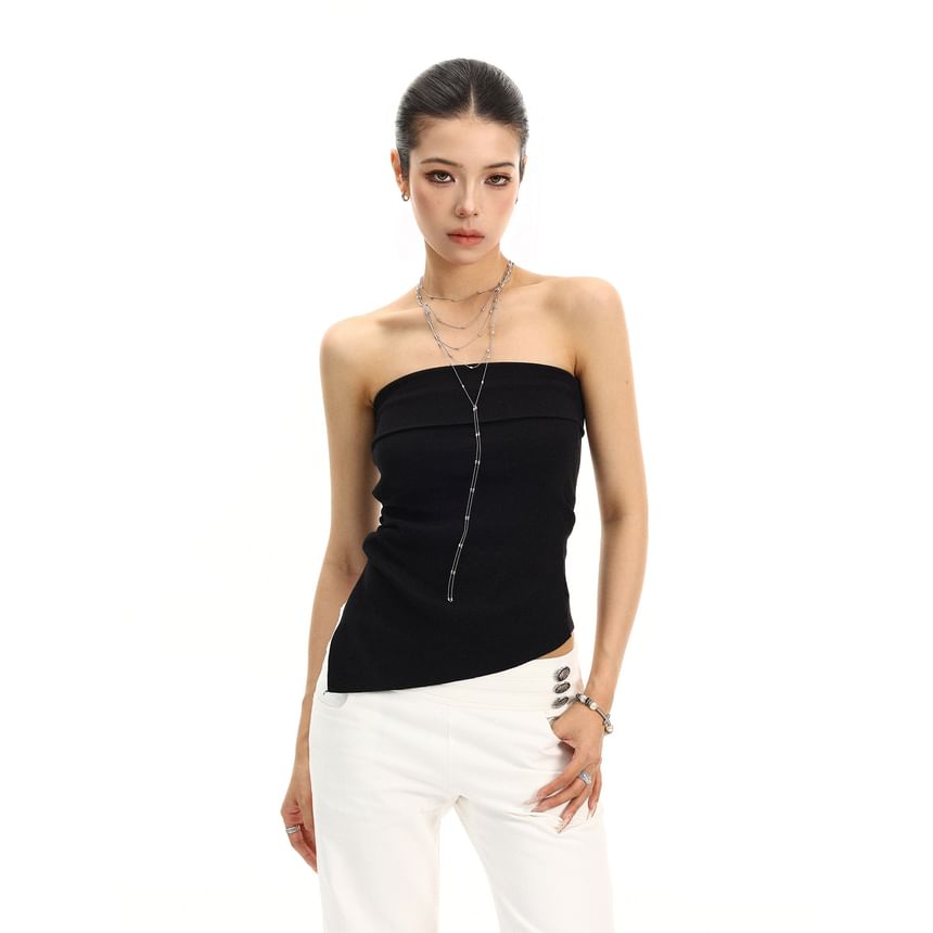 Strapless Plain Asymmetrical Crop Tube Top