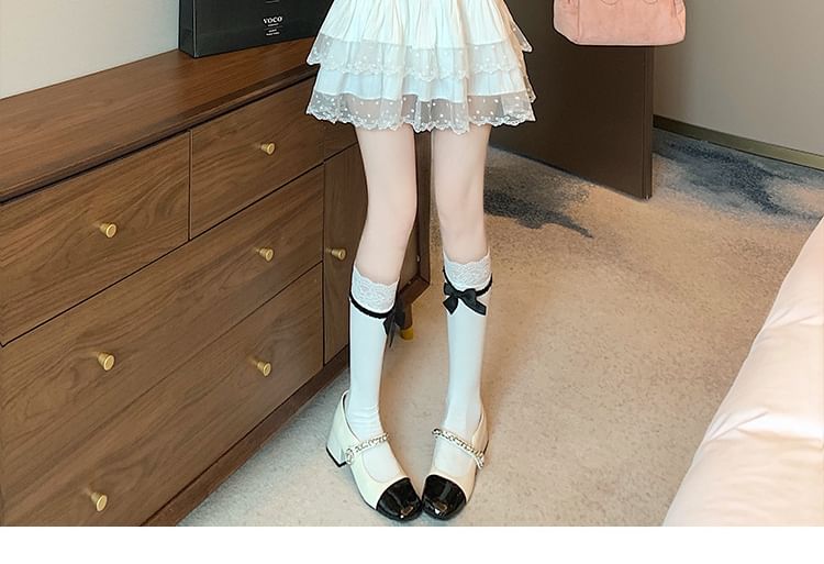 Elastic Waist Dotted Ruffle Panel Mesh Mini A-Line Skirt