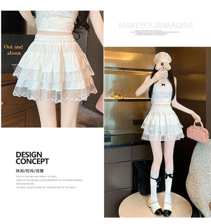 Elastic Waist Dotted Ruffle Panel Mesh Mini A-Line Skirt