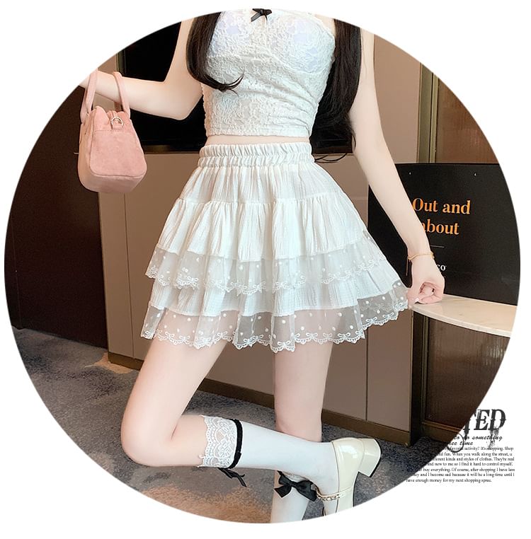 Elastic Waist Dotted Ruffle Panel Mesh Mini A-Line Skirt