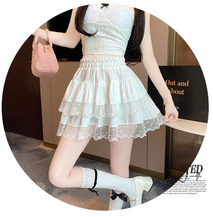 Elastic Waist Dotted Ruffle Panel Mesh Mini A-Line Skirt