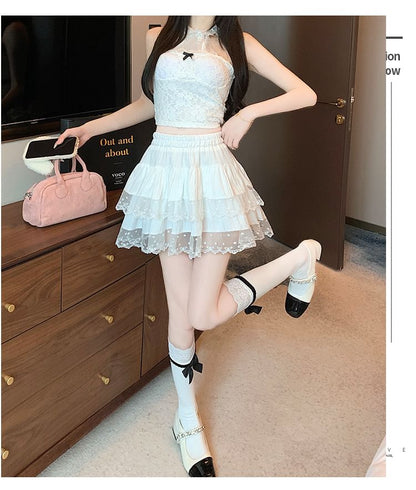 Elastic Waist Dotted Ruffle Panel Mesh Mini A-Line Skirt