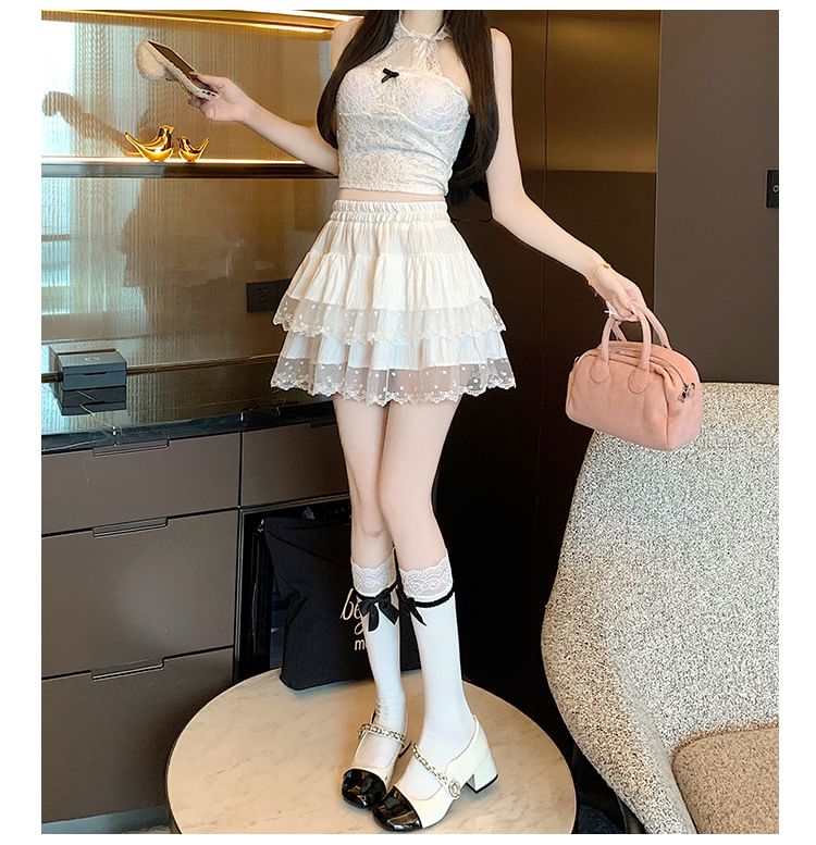 Elastic Waist Dotted Ruffle Panel Mesh Mini A-Line Skirt
