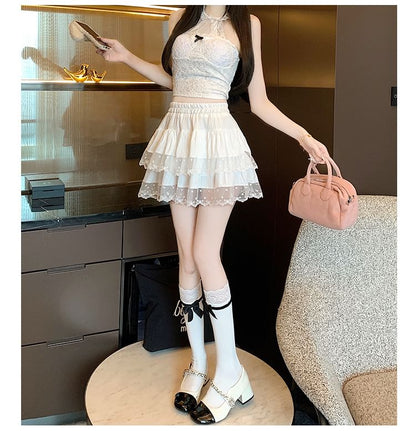 Elastic Waist Dotted Ruffle Panel Mesh Mini A-Line Skirt