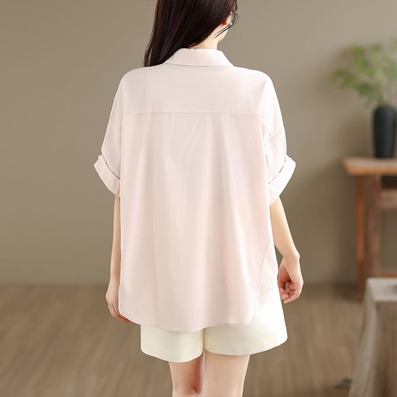 Short-Sleeve Plain Pocket Front Shirt