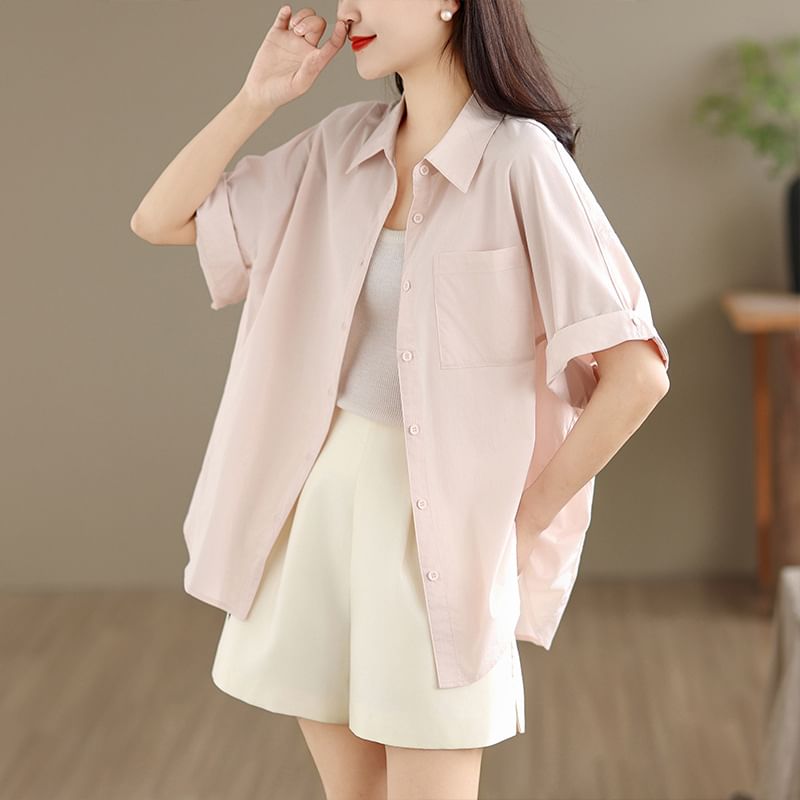 Short-Sleeve Plain Pocket Front Shirt