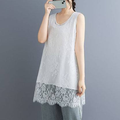 Scoop Neck Plain Lace Panel Tank Top