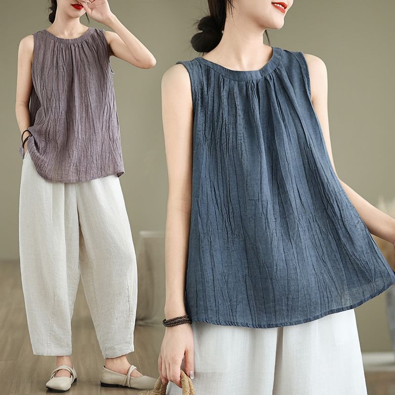 Plain Ruched Sleeveless Blouse