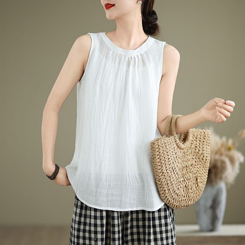 Plain Ruched Sleeveless Blouse