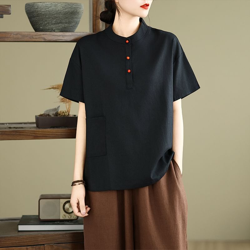Short-Sleeve Henley Plain T-Shirt
