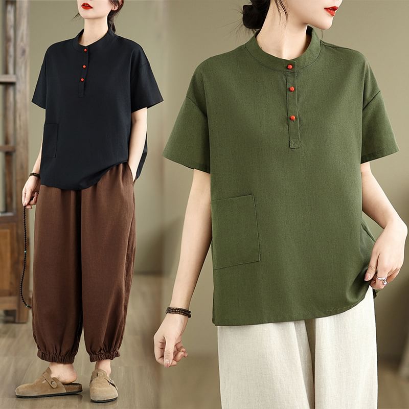 Short-Sleeve Henley Plain T-Shirt
