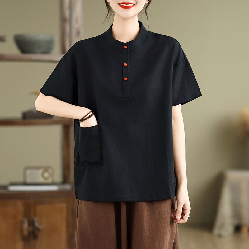 Short-Sleeve Henley Plain T-Shirt