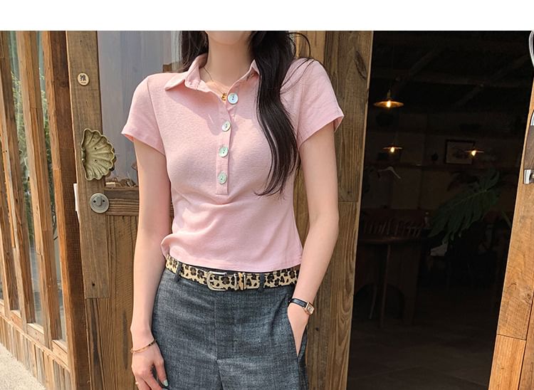 Short Sleeve Solid Crop Polo Shirt