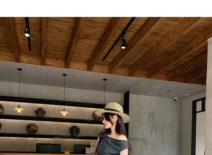 Off-Shoulder Short Sleeve Solid Cropped Blouse