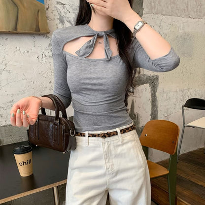 Elbow Sleeve Cutout Solid Cropped Tee