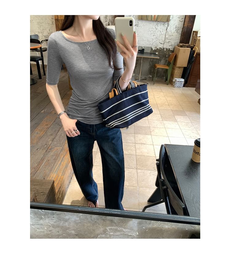 Boatneck Elbow Sleeve Solid Knit Shirt