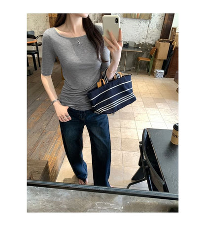 Boatneck Elbow Sleeve Solid Knit Shirt
