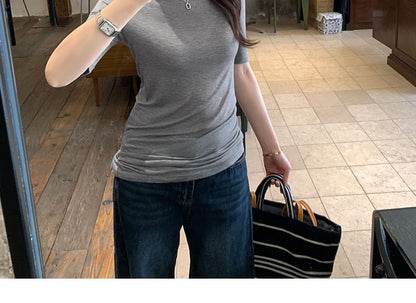 Boatneck Elbow Sleeve Solid Knit Shirt