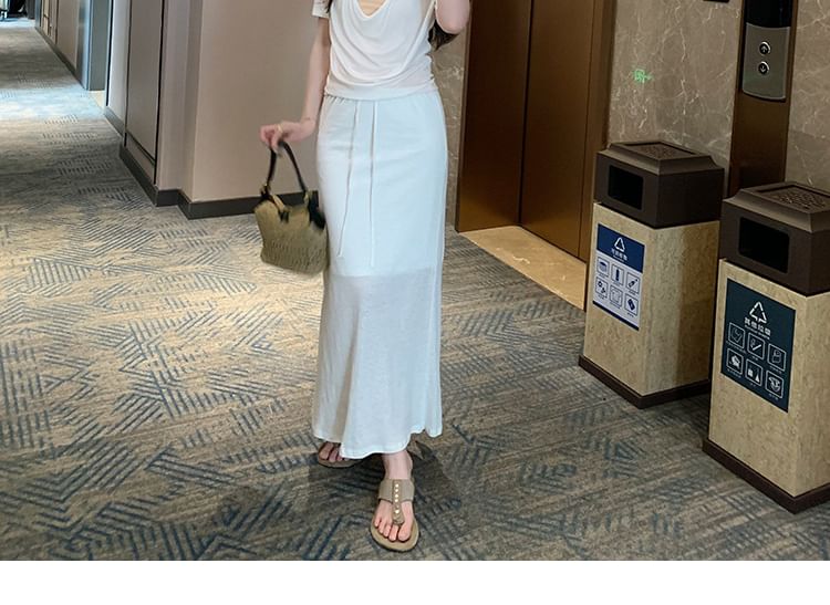 Short-Sleeve V-Neck Draped Plain Top
