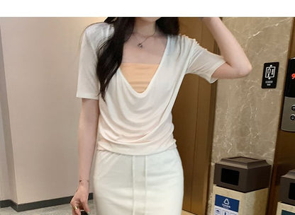 Short-Sleeve V-Neck Draped Plain Top