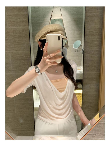 Short-Sleeve V-Neck Draped Plain Top