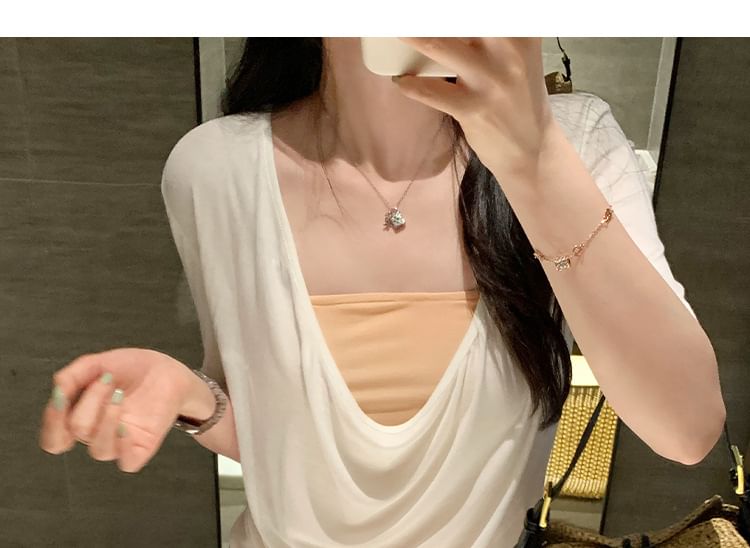 Short-Sleeve V-Neck Draped Plain Top