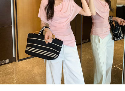 Asymmetrical Cowl Neck Short Sleeve Solid Blouse