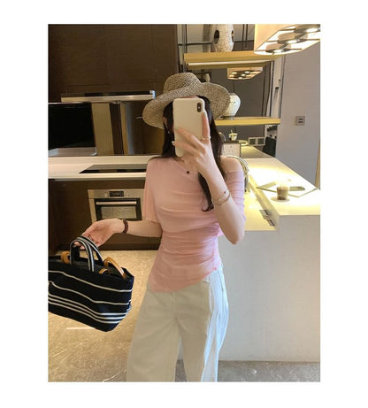 Asymmetrical Cowl Neck Short Sleeve Solid Blouse